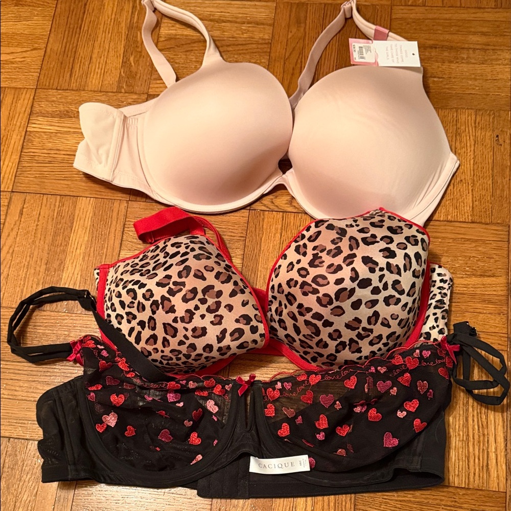 Cacique Leopard and Heart Print Bra Set - Black, Red, Cream